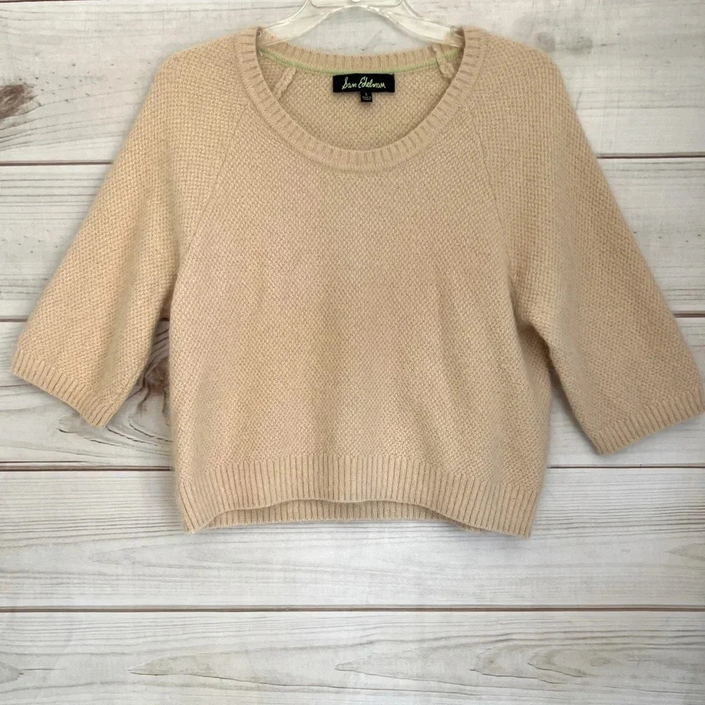 Sam Edelman Fuzzy Sweater Top Cropped Elbow Sleeve Angora Wool Blend Sz L